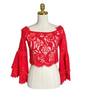 SEEK the LABEL | Red  lace ruffled bell sleeve off the shoulder crop top Size M
